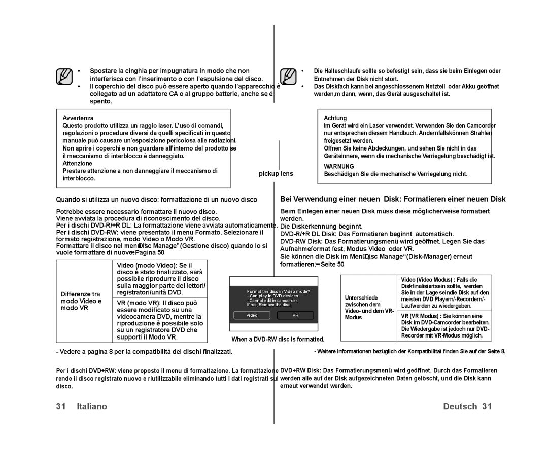 Samsung VP-DX100/XEF, VP-MX25E/EDC, VP-DX103/XEF, VP-DX100/XEO, VP-DX105/ESS, VP-DX100H/XEF manual Attenzione 