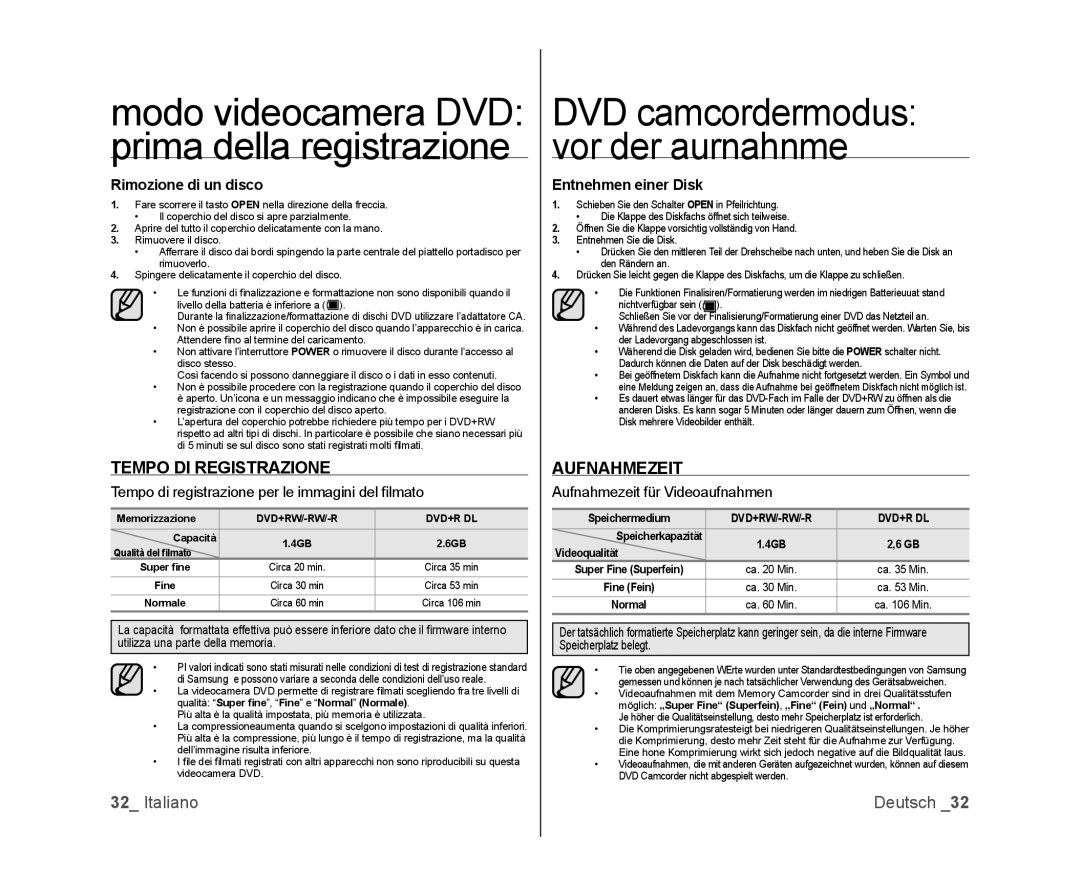 Samsung VP-DX103/XEF, VP-MX25E/EDC Modo videocamera DVD prima della registrazione, Tempo DI Registrazione, Aufnahmezeit 