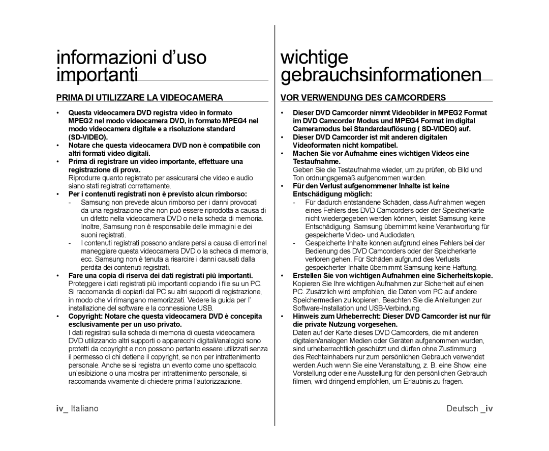 Samsung VP-DX105/ESS Informazioni d’uso importanti, Wichtige gebrauchsinformationen, Prima DI Utilizzare LA Videocamera 