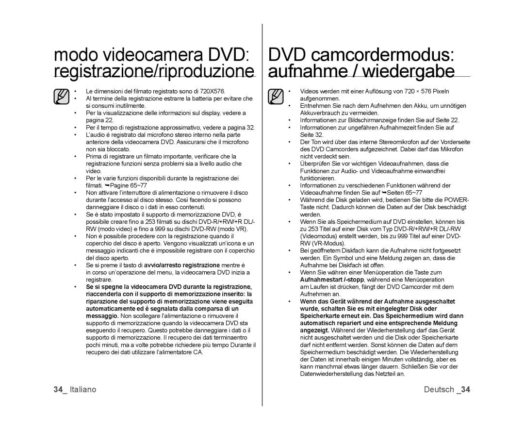 Samsung VP-DX105/ESS manual DVD camcordermodus aufnahme / wiedergabe, Modo videocamera DVD registrazione/riproduzione 