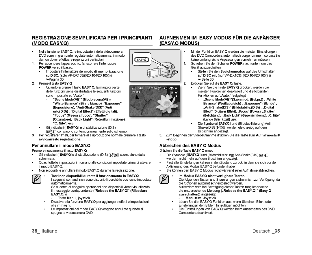 Samsung VP-DX100H/XEF, VP-MX25E/EDC, VP-DX100/XEF, VP-DX103/XEF Per annullare il modo EASY.Q, Abbrechen des Easy Q Modus 