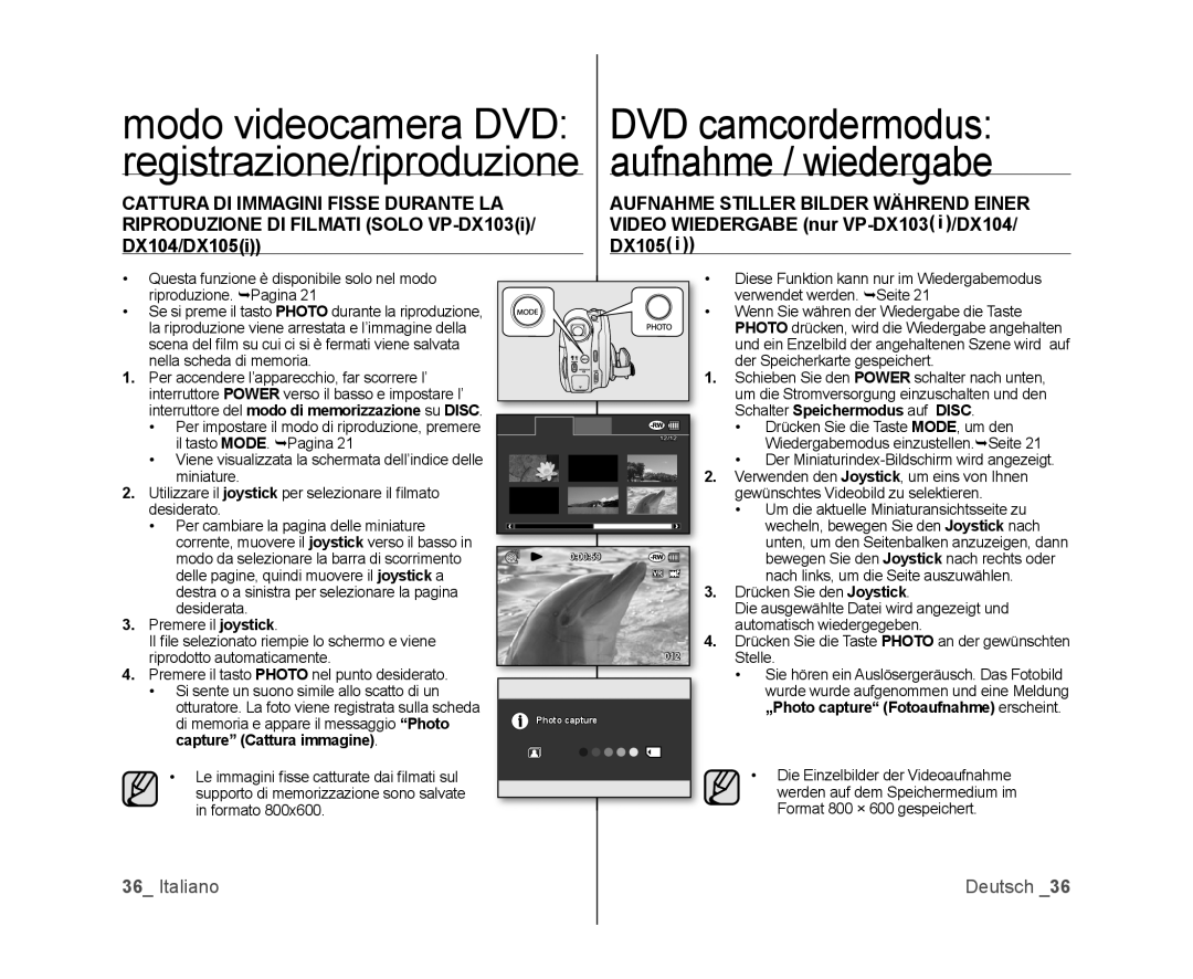 Samsung VP-MX25E/EDC, VP-DX100/XEF manual Cattura DI Immagini Fisse Durante LA, Der Miniaturindex-Bildschirm wird angezeigt 