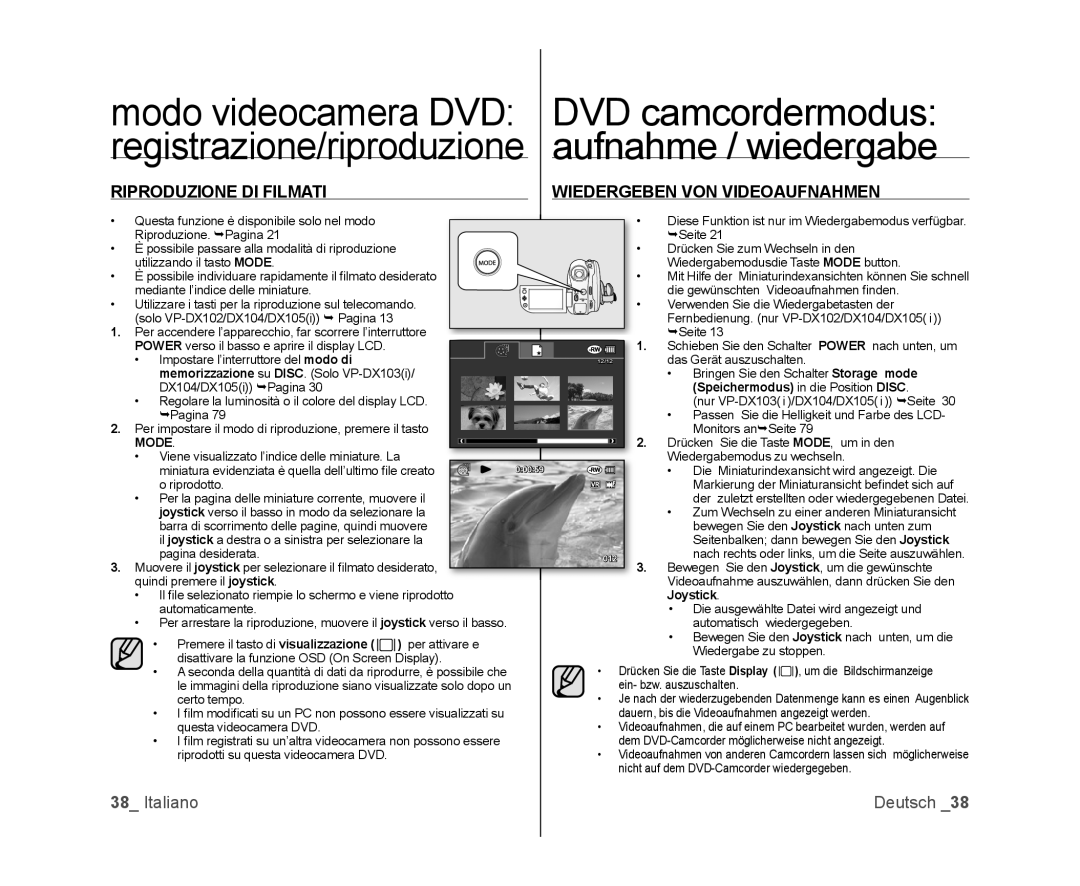 Samsung VP-DX103/XEF Riproduzione DI Filmati Wiedergeben VON Videoaufnahmen, Speichermodus in die Position Disc, Joystick 