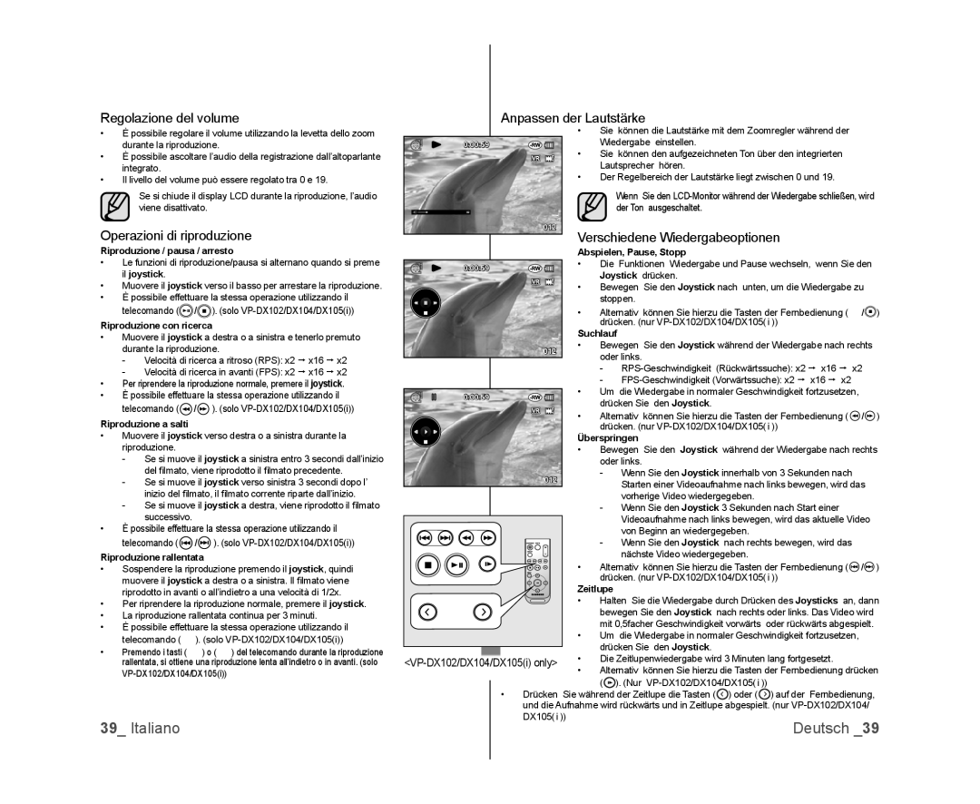 Samsung VP-DX100/XEO, VP-MX25E/EDC, VP-DX100/XEF Regolazione del volume, Operazioni di riproduzione Anpassen der Lautstärke 