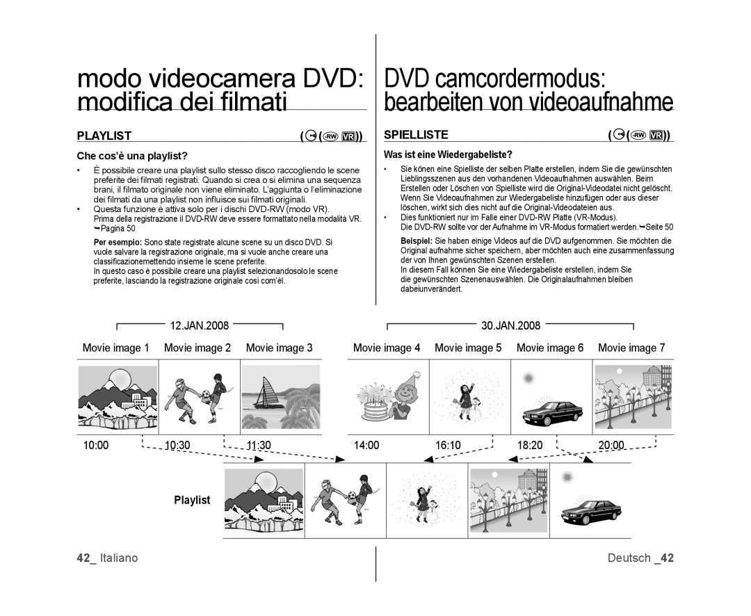 Samsung VP-MX25E/EDC, VP-DX100/XEF manual Modo videocamera DVD DVD camcordermodus, Modiﬁca dei ﬁlmati, Playlist, Spielliste 