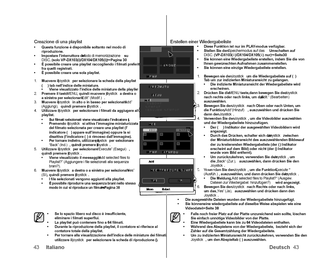 Samsung VP-DX100/XEF, VP-MX25E/EDC, VP-DX103/XEF, VP-DX100/XEO Creazione di una playlist, Erstellen einer Wiedergabeliste 