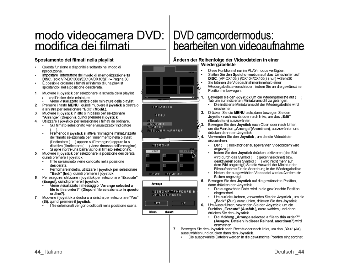 Samsung VP-DX103/XEF, VP-MX25E/EDC manual Modiﬁ ca dei ﬁ lmati, Spostamento dei ﬁlmati nella playlist, Wiedergabeliste 