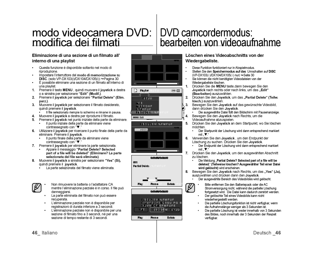 Samsung VP-DX105/ESS, VP-MX25E/EDC, VP-DX100/XEF, VP-DX103/XEF manual Löschen eines Videoabschnitts von der Wiedergabeliste 