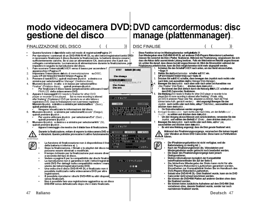 Samsung VP-DX100H/XEF Gestione del disco, Disc Finalise, Sinistra per selezionare Disc Manage Gestione disco, „Yes Ja 