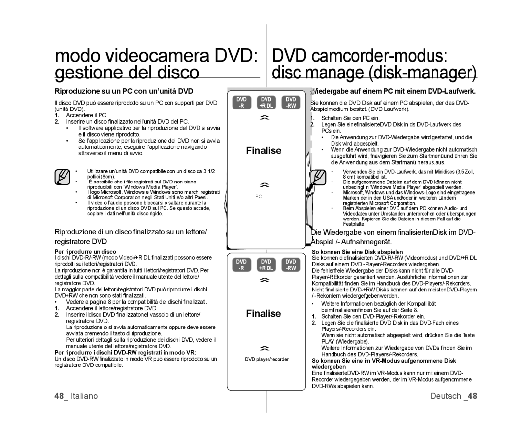 Samsung VP-MX25E/EDC, VP-DX100/XEF manual Modo videocamera DVD DVD camcorder-modus, Riproduzione su un PC con un’unità DVD 