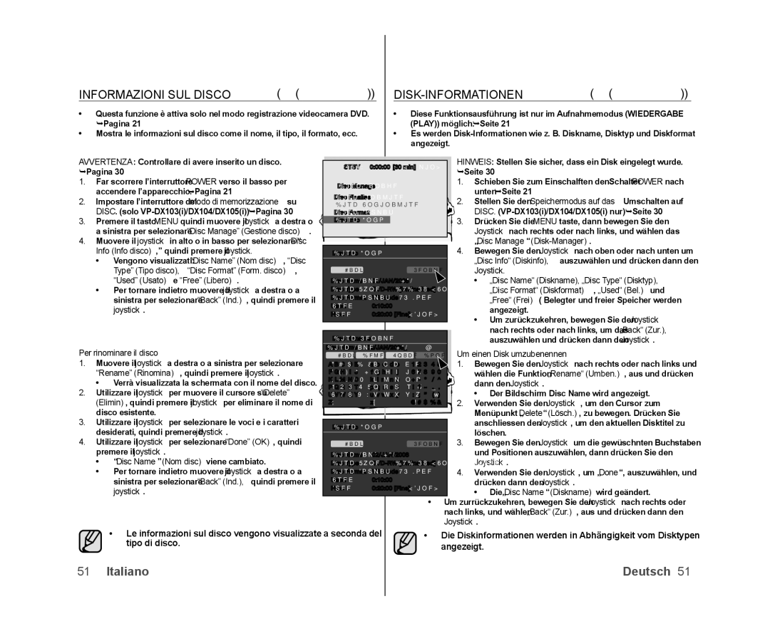 Samsung VP-DX100/XEO, VP-MX25E/EDC, VP-DX100/XEF manual Informazioni SUL Disco, Disk-Informationen, Per rinominare il disco 