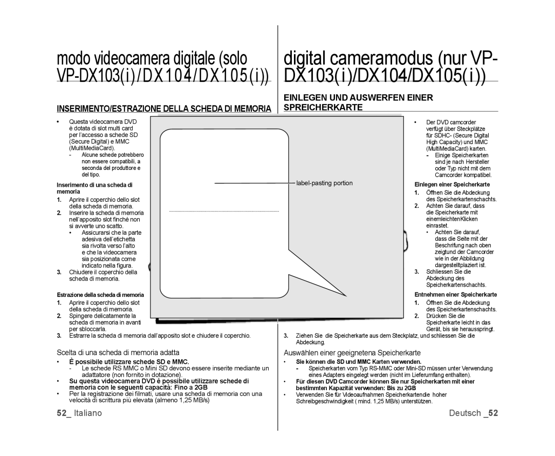 Samsung VP-DX105/ESS, VP-MX25E/EDC Einlegen UND Auswerfen Einer, Spreicherkarte, Scelta di una scheda di memoria adatta 