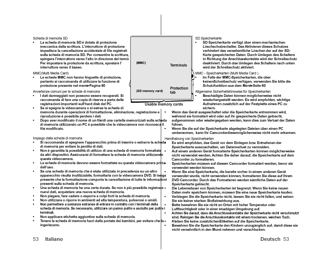 Samsung VP-DX100H/XEF, VP-MX25E/EDC Scheda di memoria SD, MMCMulti Media Card, Avvertenze comuni per le schede di memoria 