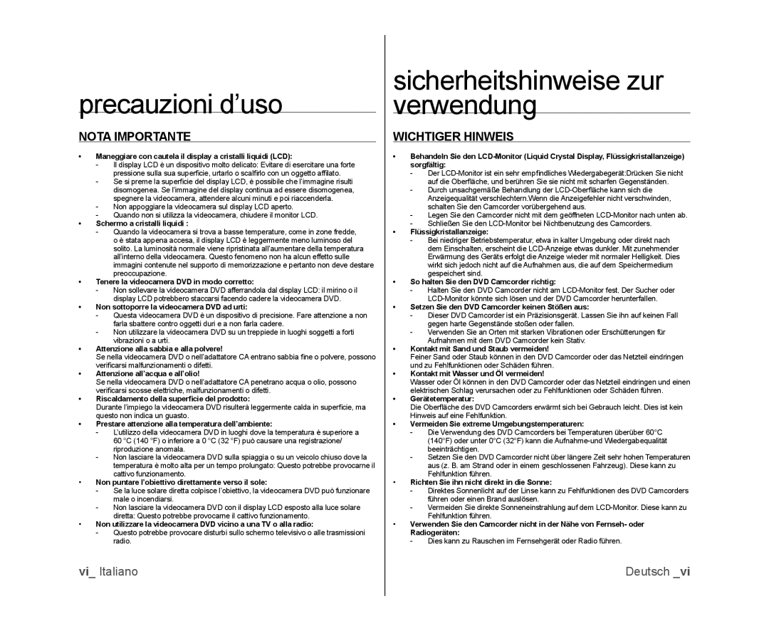 Samsung VP-MX25E/EDC manual Precauzioni d’uso, Sicherheitshinweise zur verwendung, Nota Importante, Wichtiger Hinweis 