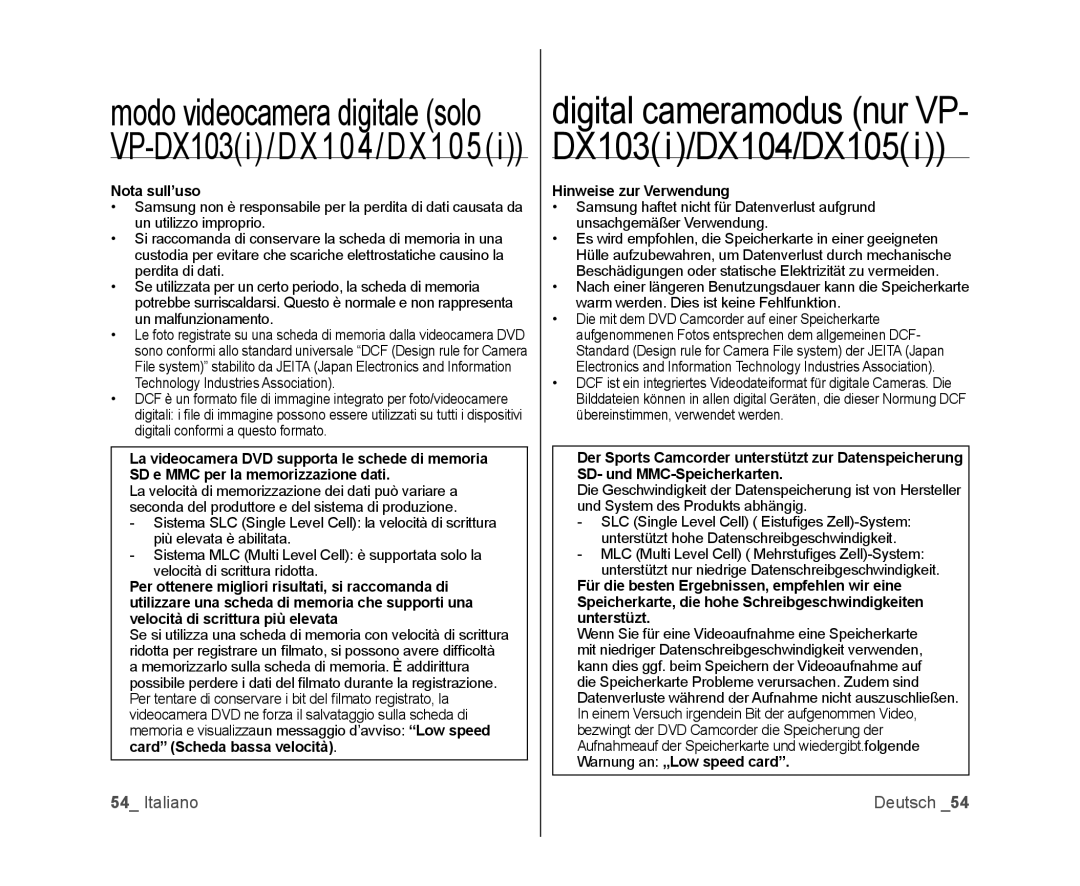 Samsung VP-MX25E/EDC, VP-DX100/XEF, VP-DX103/XEF, VP-DX100/XEO, VP-DX105/ESS manual Nota sull’uso, Hinweise zur Verwendung 