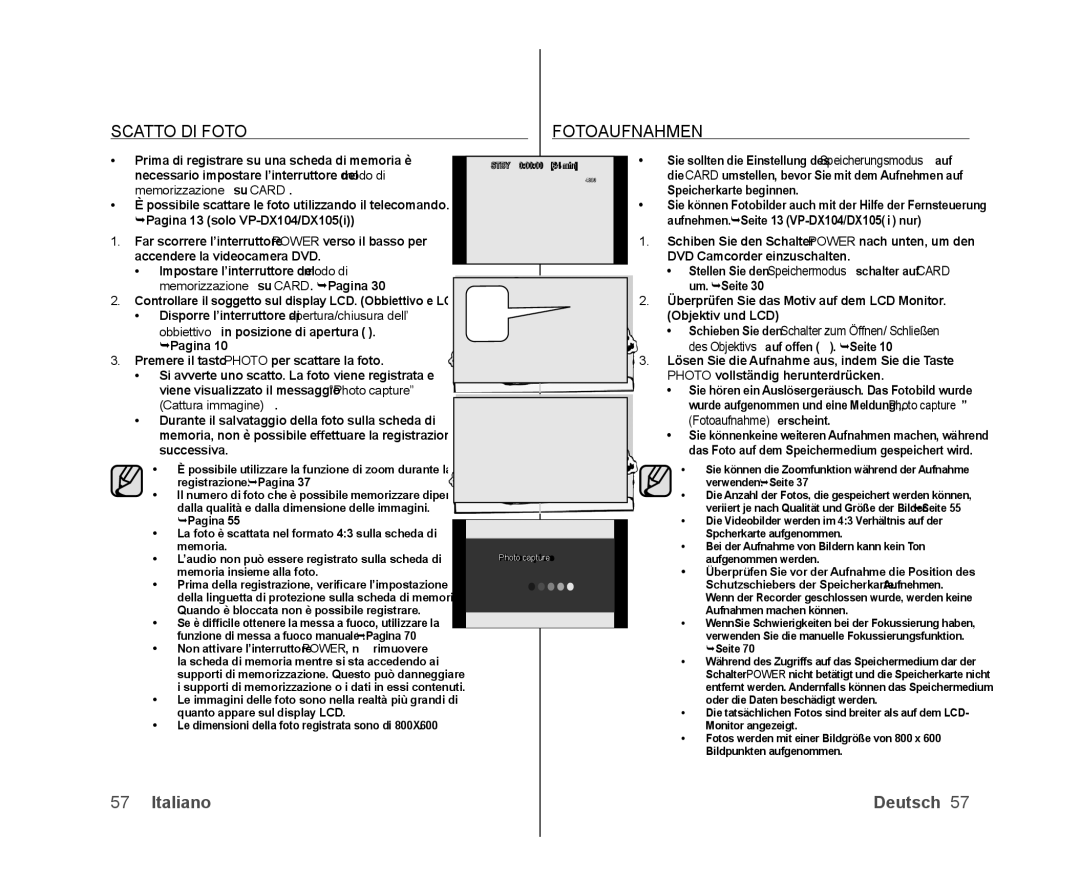 Samsung VP-DX100/XEO, VP-MX25E/EDC, VP-DX100/XEF, VP-DX103/XEF, VP-DX105/ESS, VP-DX100H/XEF manual Scatto DI Foto Fotoaufnahmen 