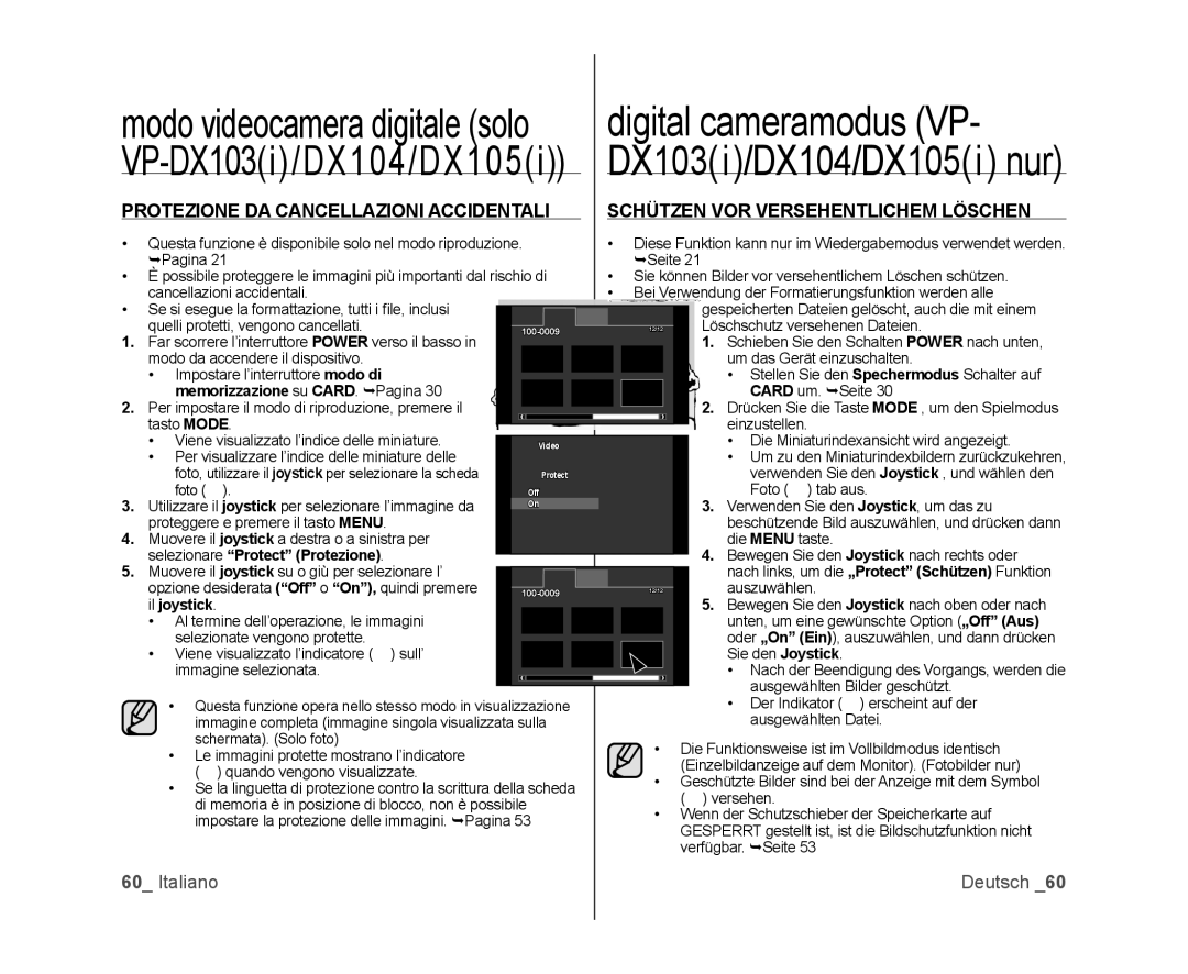 Samsung VP-MX25E/EDC Digital cameramodus VP, Memorizzazione su CARD. Pagina, Selezionare Protect Protezione, Il joystick 