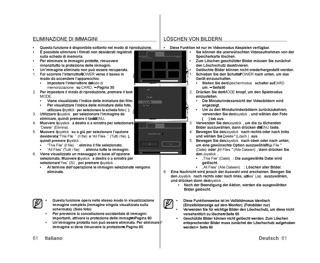 Samsung VP-DX100/XEF, VP-MX25E/EDC, VP-DX103/XEF manual Delete Elimina, Desiderata This File Il ﬁle o All Files Tutti i ﬁle 