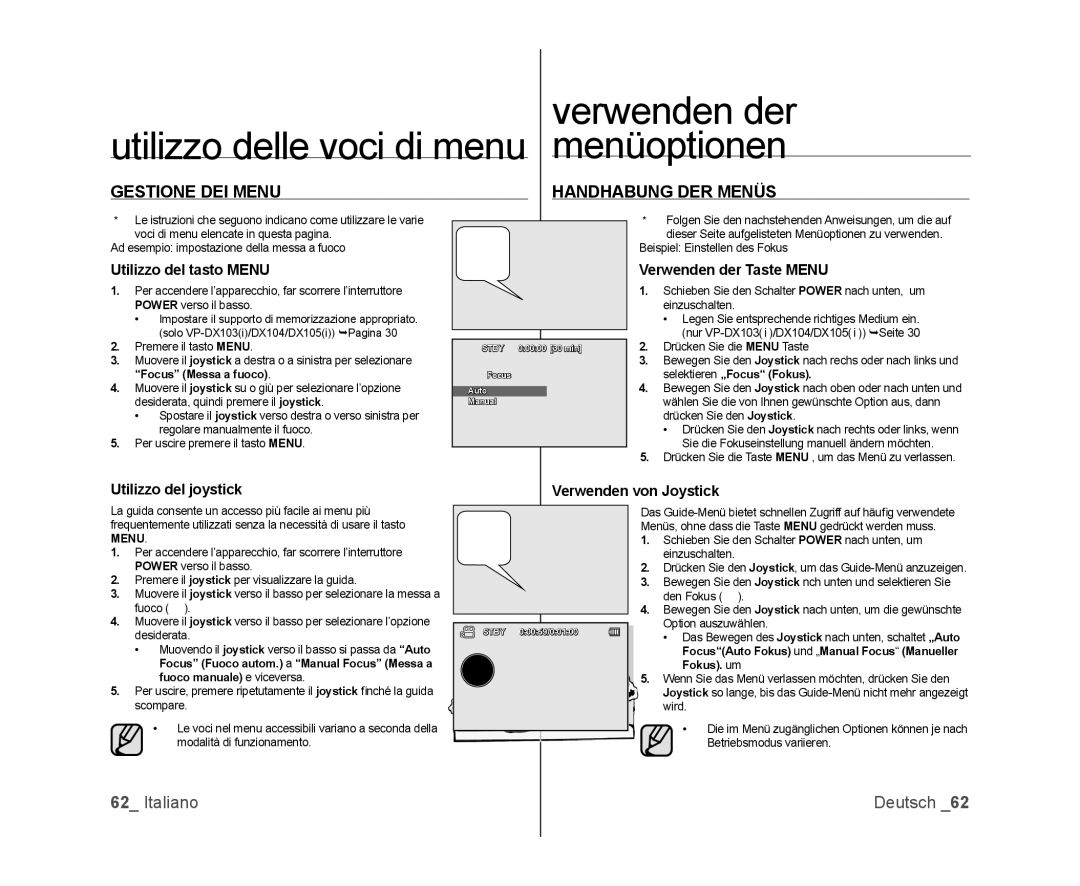 Samsung VP-DX103/XEF manual Verwenden der utilizzo delle voci di menu menüoptionen, Gestione DEI Menu Handhabung DER Menüs 