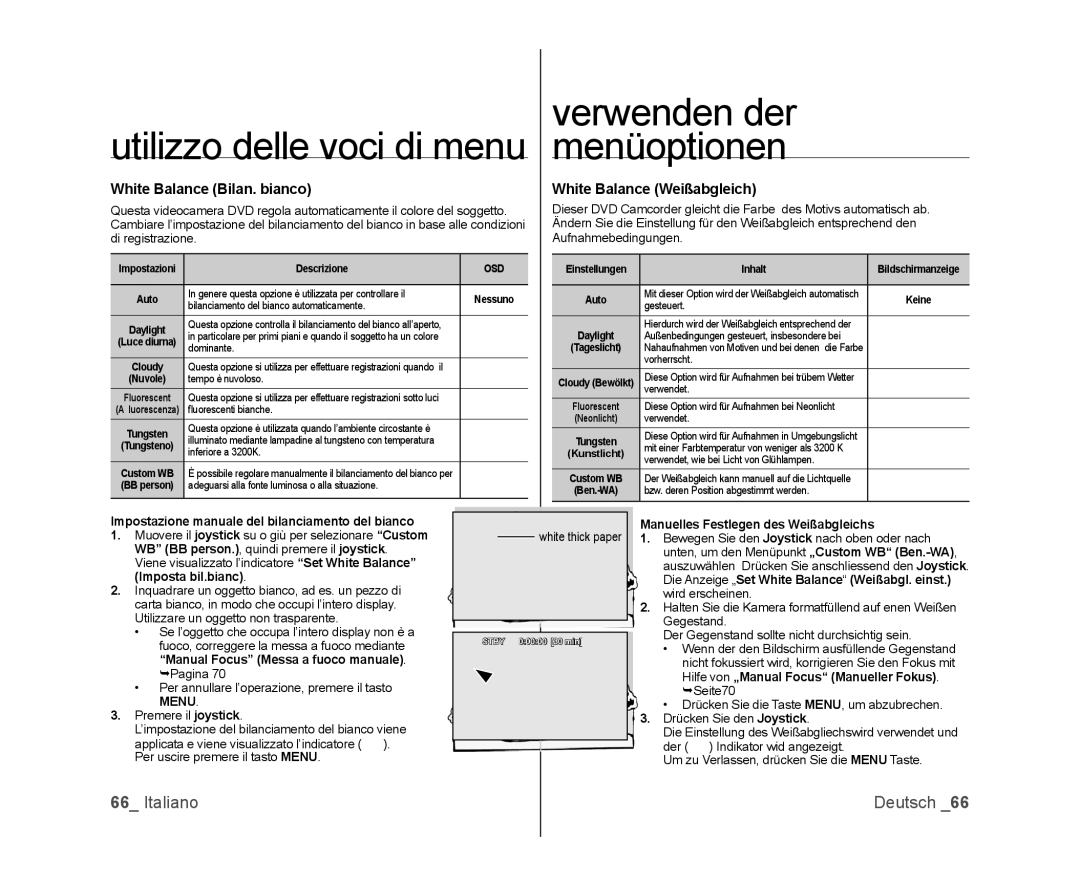 Samsung VP-MX25E/EDC, VP-DX100/XEF Utilizzo delle voci di menu, Verwenden der menüoptionen, White Balance Bilan. bianco 