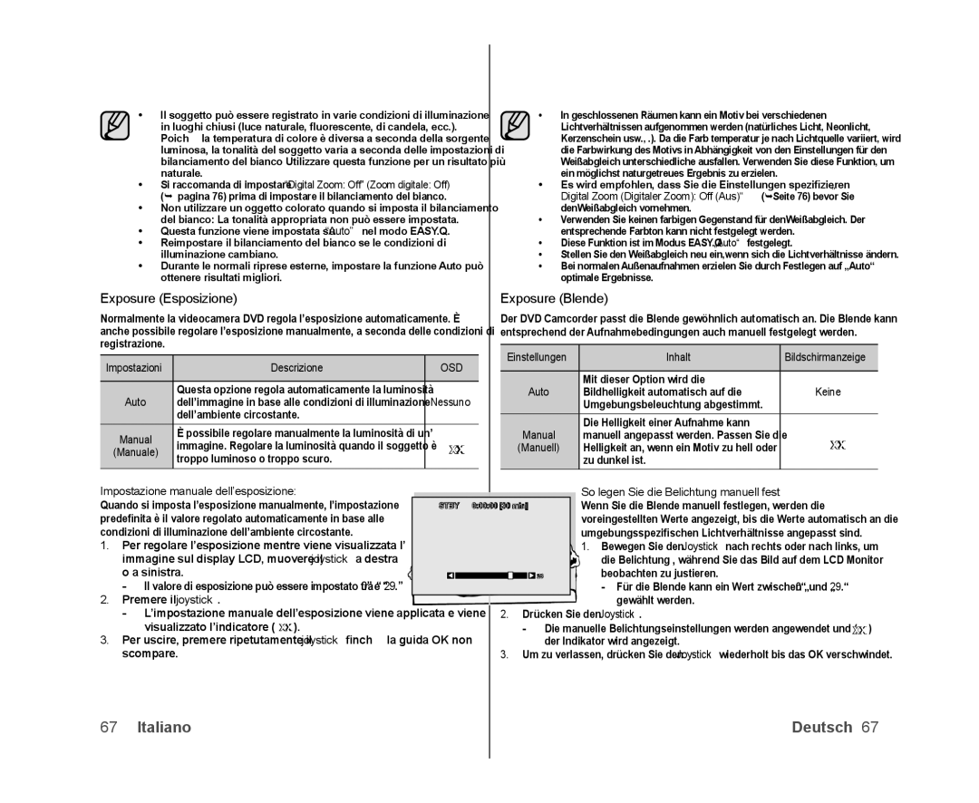 Samsung VP-DX100/XEF, VP-MX25E/EDC, VP-DX103/XEF, VP-DX100/XEO Exposure Esposizione, Exposure Blende, Inhalt, Descrizione 