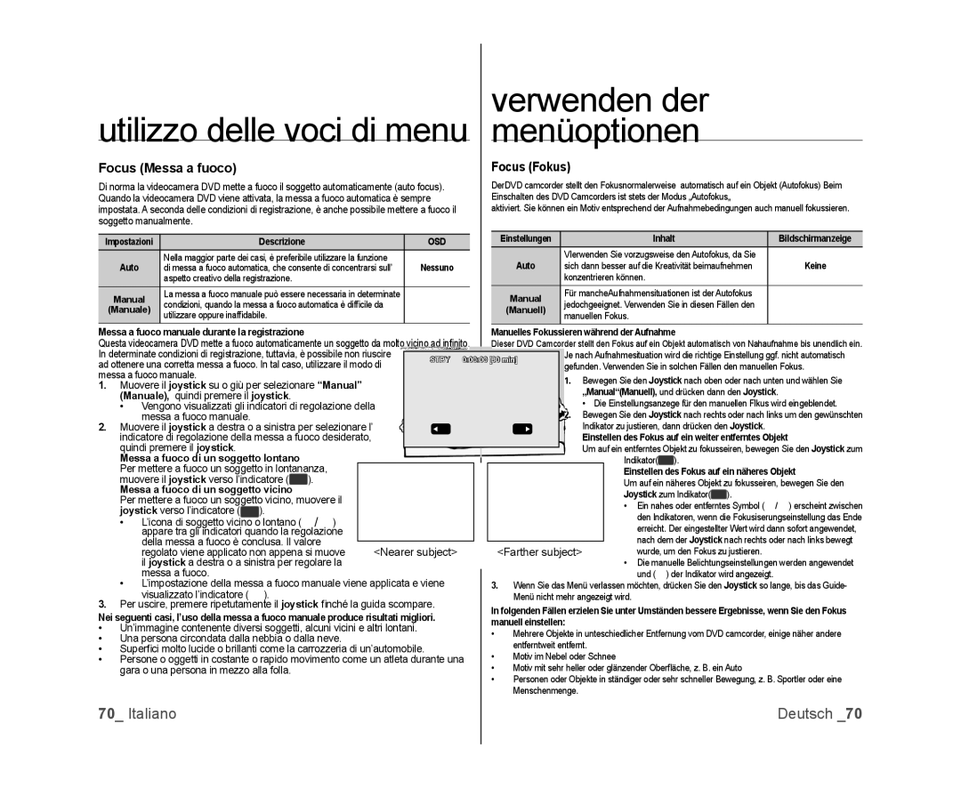 Samsung VP-DX105/ESS, VP-MX25E/EDC, VP-DX100/XEF, VP-DX103/XEF, VP-DX100/XEO Focus Messa a fuoco, Focus Fokus, Nearer subject 