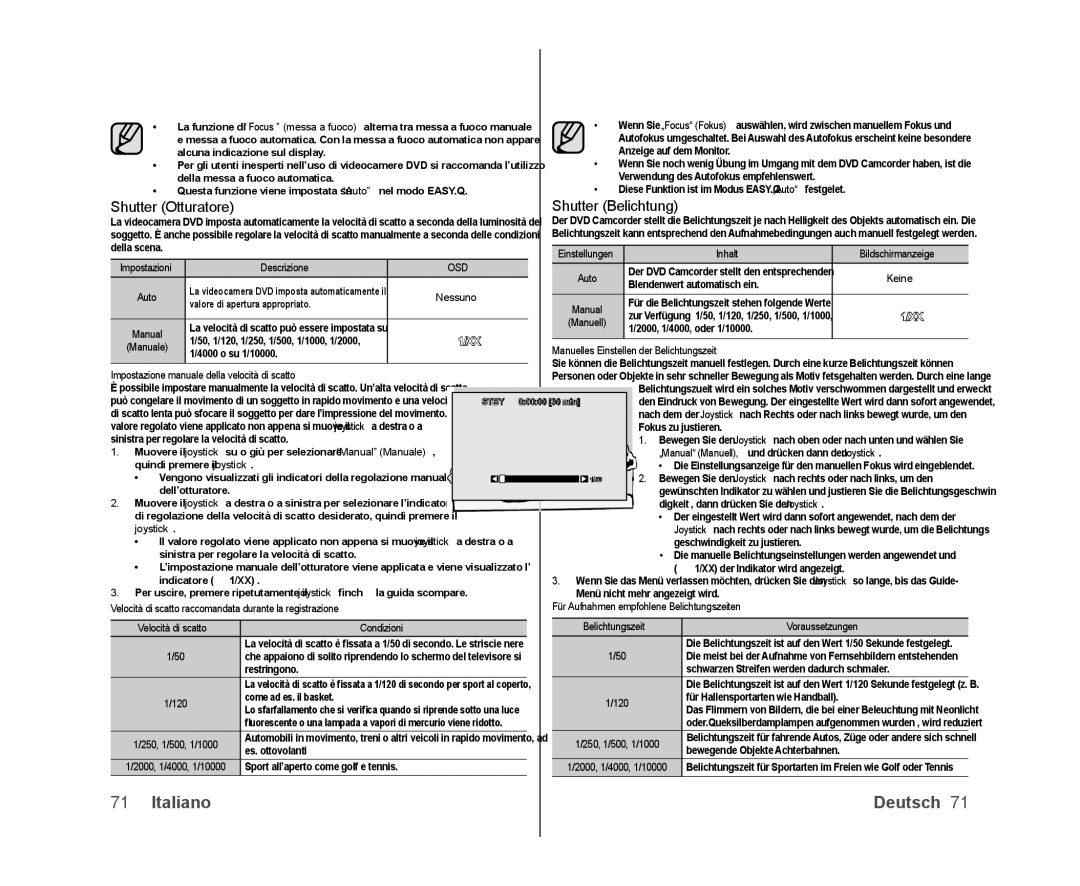 Samsung VP-DX100H/XEF, VP-MX25E/EDC manual Shutter Otturatore, Shutter Belichtung, Manuelles Einstellen der Belichtungszeit 