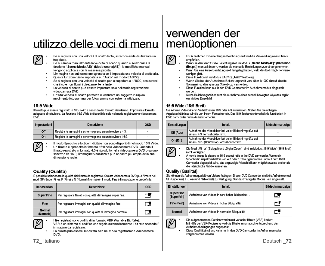 Samsung VP-MX25E/EDC, VP-DX100/XEF, VP-DX103/XEF, VP-DX100/XEO manual Quality Qualità, Wide 169 Breit, Quality Qualität 