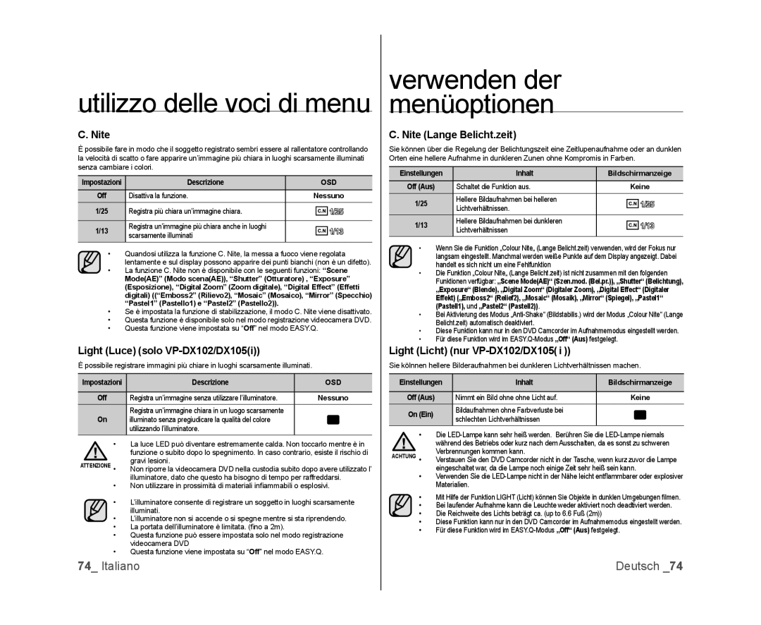 Samsung VP-DX103/XEF manual Light Luce solo VP-DX102/DX105i, Nite Lange Belicht.zeit, Light Licht nur VP-DX102/DX105 