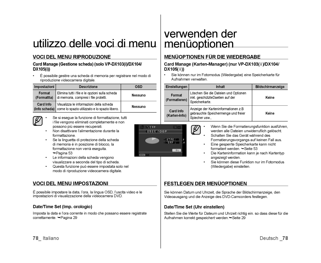 Samsung VP-MX25E/EDC, VP-DX100/XEF Voci DEL Menu Riproduzione, Menüoptionen FÜR DIE Wiedergabe, Voci DEL Menu Impostazioni 