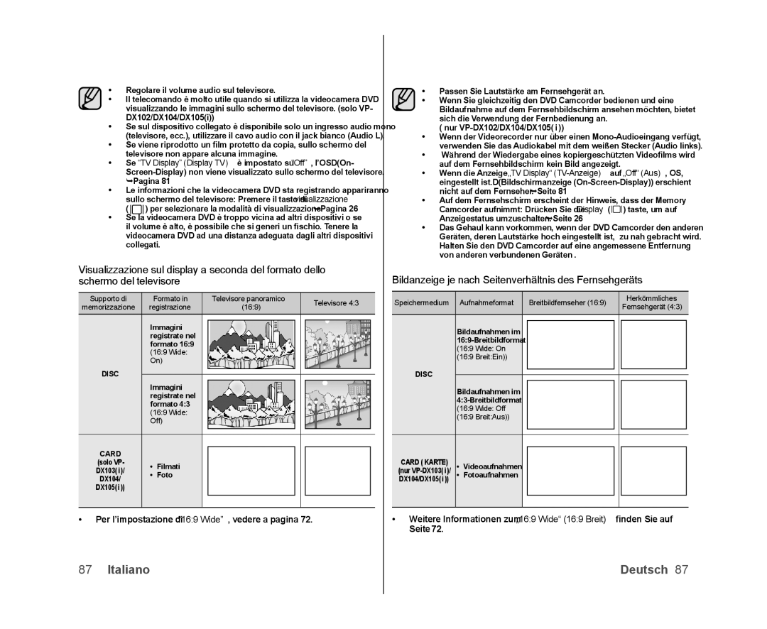 Samsung VP-DX100/XEO, VP-MX25E/EDC, VP-DX100/XEF, VP-DX103/XEF manual Bildanzeige je nach Seitenverhältnis des Fernsehgeräts 