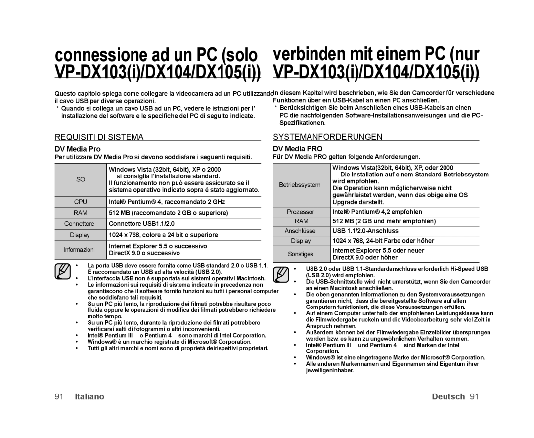 Samsung VP-DX100/XEF, VP-MX25E/EDC, VP-DX103/XEF, VP-DX100/XEO manual Requisiti DI Sistema, Systemanforderungen, DV Media Pro 