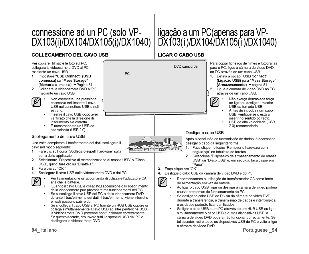 Samsung VP-DX105/ESS manual Collegamento DEL Cavo USB, Ligar O Cabo USB, Scollegamento del cavo USB, Desligar o cabo USB 