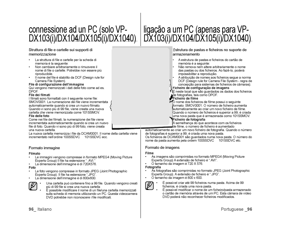 Samsung VP-MX25E/EDC Struttura di ﬁ le e cartelle sui supporti di memorizzazione, Formato immagine, Formato de imagens 