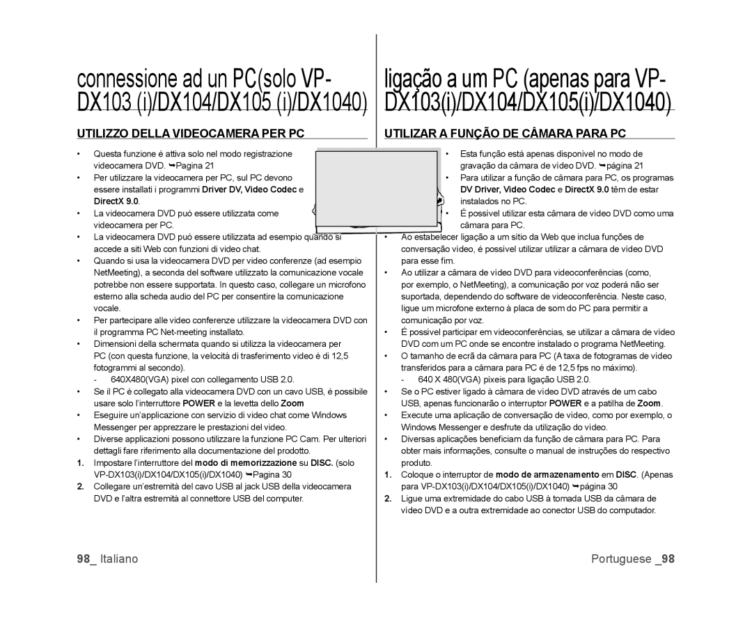 Samsung VP-DX103/XEF, VP-MX25E/EDC, VP-DX100/XEF, VP-DX100/XEO Connessione ad un PCsolo VP- DX103 i/DX104/DX105 i/DX1040 