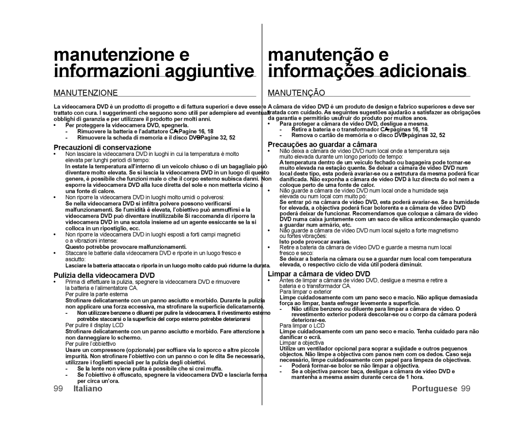 Samsung VP-DX100/XEO, VP-MX25E/EDC, VP-DX100/XEF, VP-DX103/XEF, VP-DX105/ESS, VP-DX100H/XEF manual Manutenzione, Manutenção 