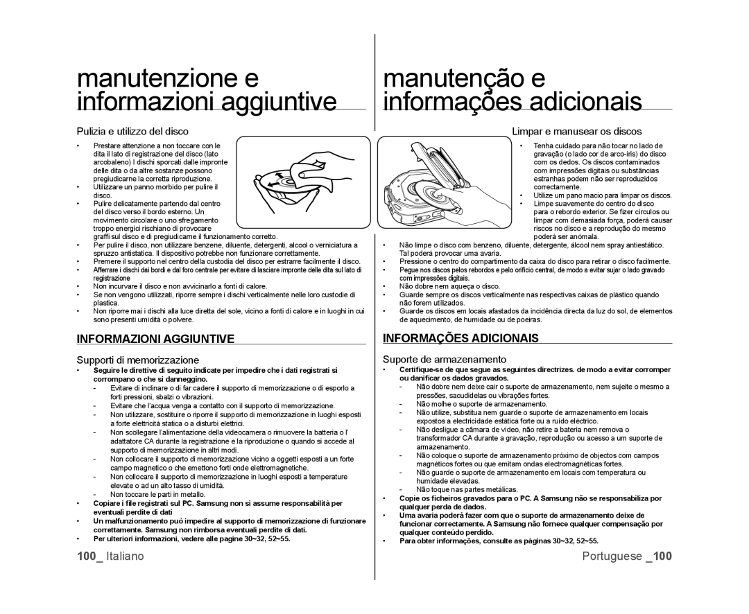 Samsung VP-DX105/ESS, VP-MX25E/EDC manual Informazioni Aggiuntive, Informações Adicionais, Pulizia e utilizzo del disco 