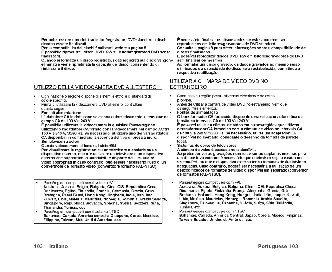 Samsung VP-DX100/XEF manual Utilizzo Della Videocamera DVD ALL’ESTERO, Utilizar a Câmara DE Vídeo DVD no Estrangeiro 