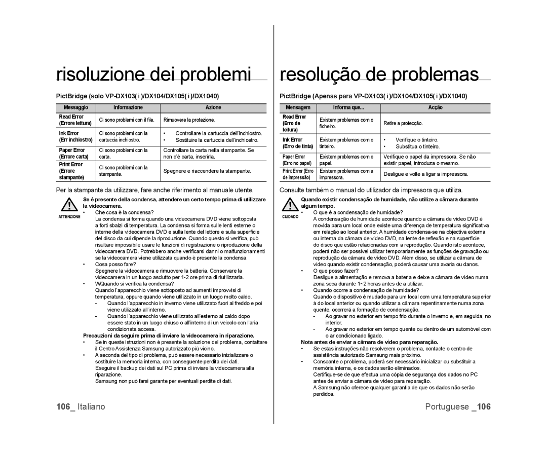 Samsung VP-DX105/ESS, VP-MX25E/EDC, VP-DX100/XEF, VP-DX103/XEF manual PictBridge solo VP-DX103 i /DX104/DX105 i /DX1040 