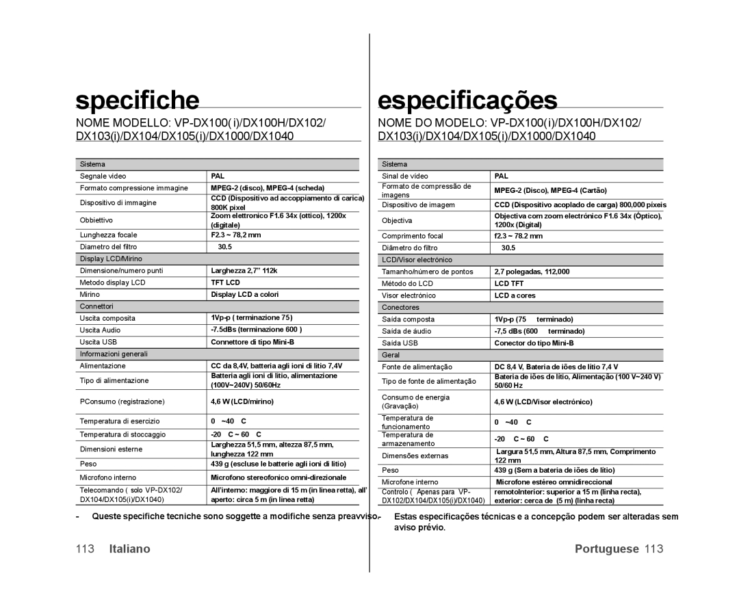 Samsung VP-DX100H/XEF, VP-MX25E/EDC, VP-DX100/XEF, VP-DX103/XEF, VP-DX100/XEO, VP-DX105/ESS manual Speciﬁche, Especiﬁcações 