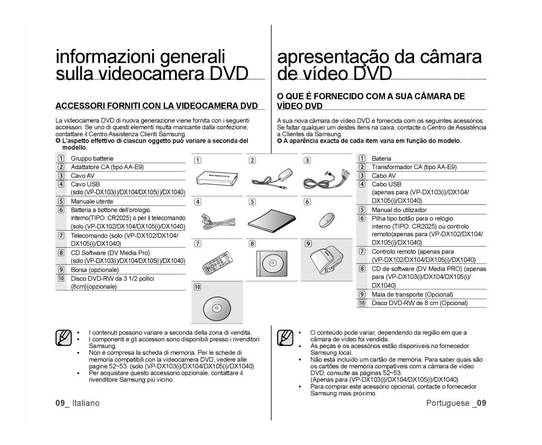 Samsung VP-DX100/XEO, VP-MX25E/EDC manual Apresentação da câmara de vídeo DVD, Accessori Forniti CON LA Videocamera DVD 