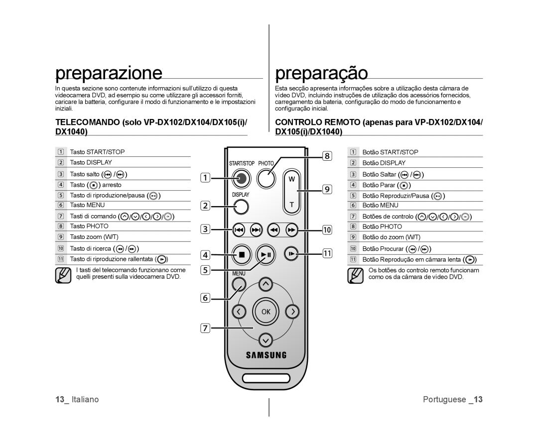 Samsung VP-DX100/XEF, VP-MX25E/EDC, VP-DX103/XEF, VP-DX100/XEO, VP-DX105/ESS, VP-DX100H/XEF manual Preparazione, Preparação 