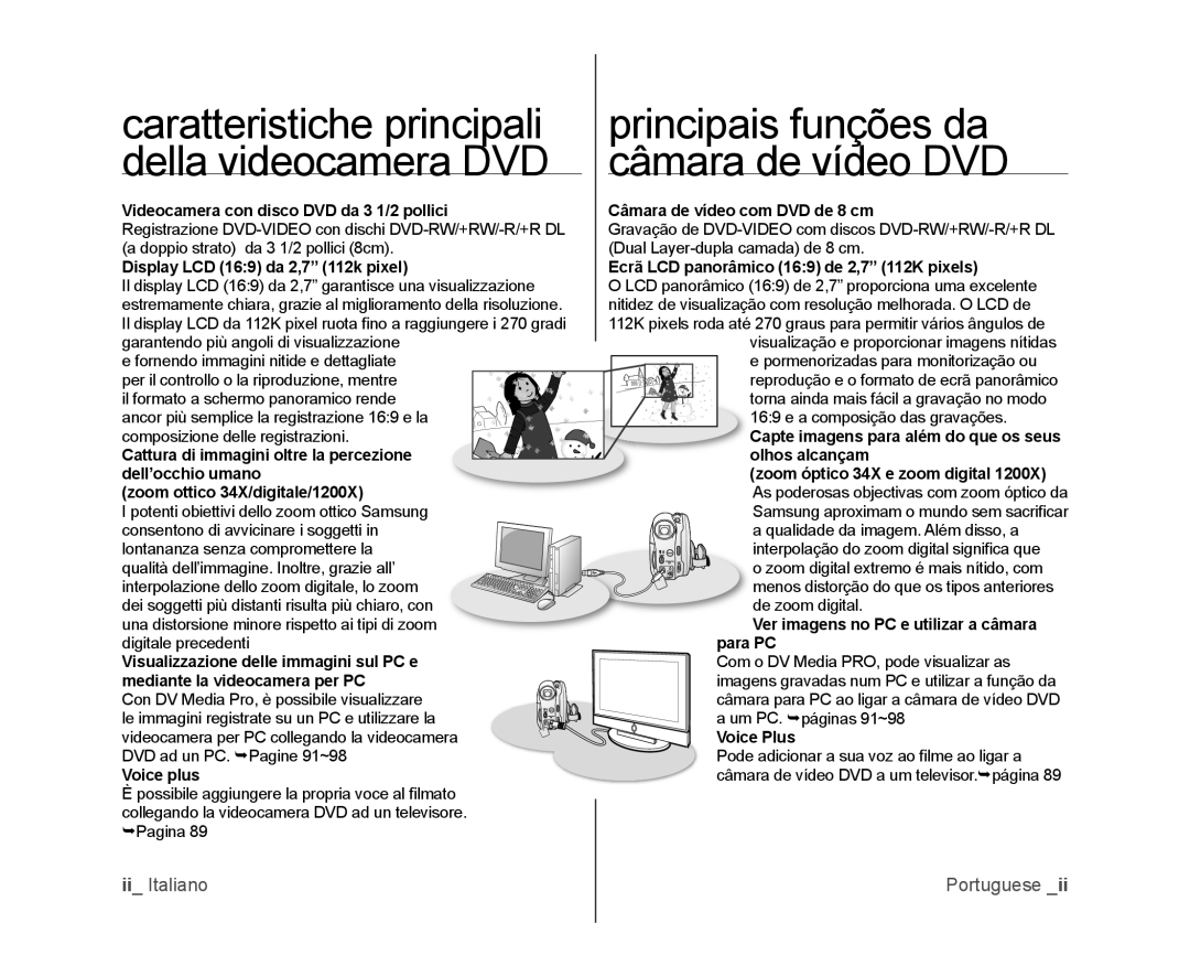 Samsung VP-DX103/XEF Ver imagens no PC e utilizar a câmara, Para PC, Visualizzazione delle immagini sul PC e, Voice Plus 