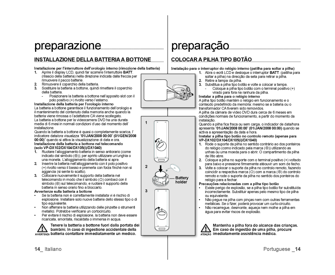 Samsung VP-DX103/XEF, VP-MX25E/EDC, VP-DX100/XEF, VP-DX100/XEO manual Battery, Holder, Imediatamente assistência médica 