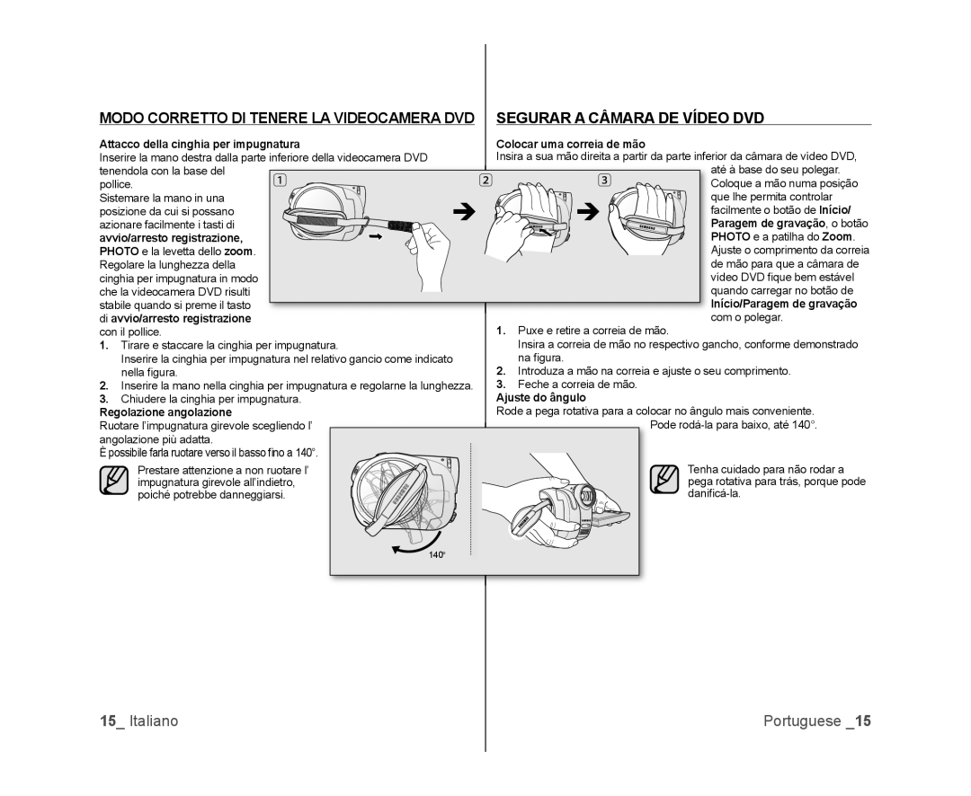 Samsung VP-DX100/XEO, VP-MX25E/EDC, VP-DX100/XEF, VP-DX103/XEF, VP-DX105/ESS, VP-DX100H/XEF manual Segurar a Câmara DE Vídeo DVD 