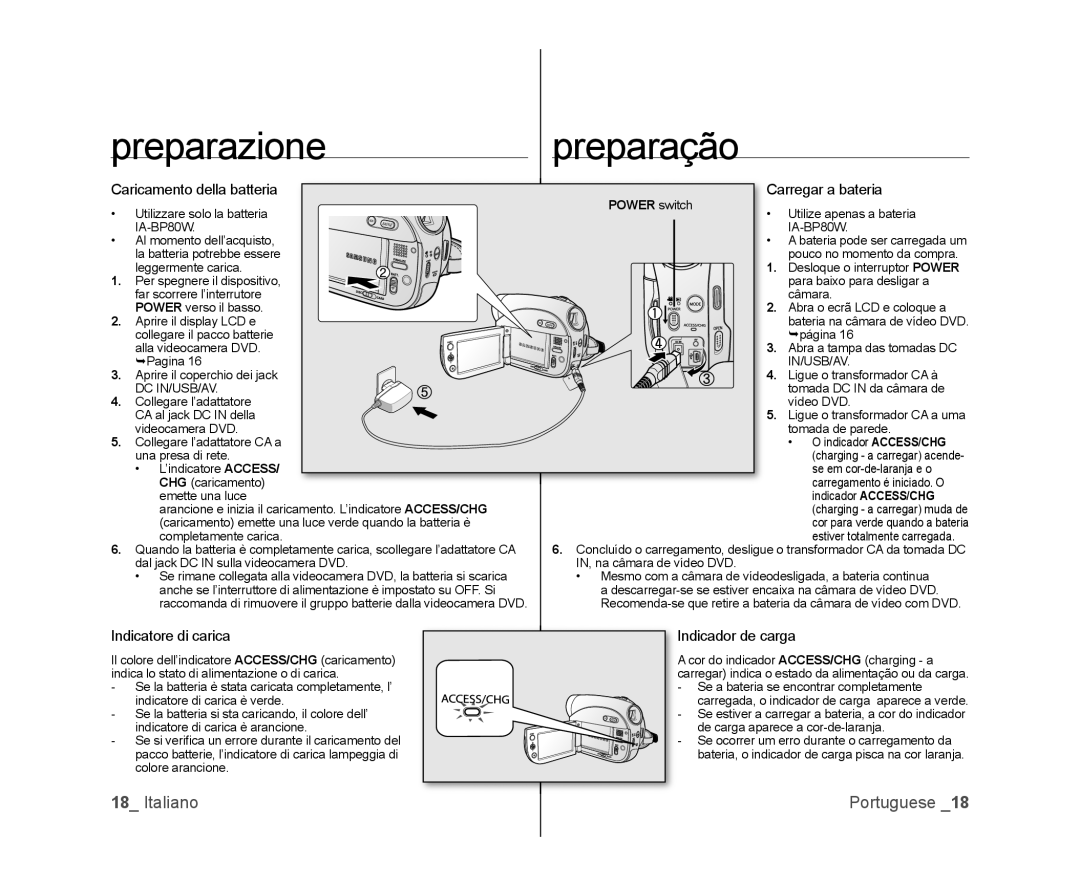 Samsung VP-MX25E/EDC manual Caricamento della batteria, Carregar a bateria, Indicatore di carica, Indicador de carga 