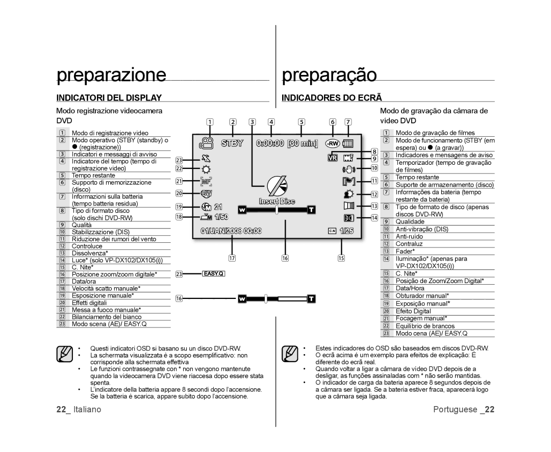 Samsung VP-DX105/ESS Preparazionepreparação, Indicatori DEL Display Indicadores do Ecrã, Modo registrazione videocamera 
