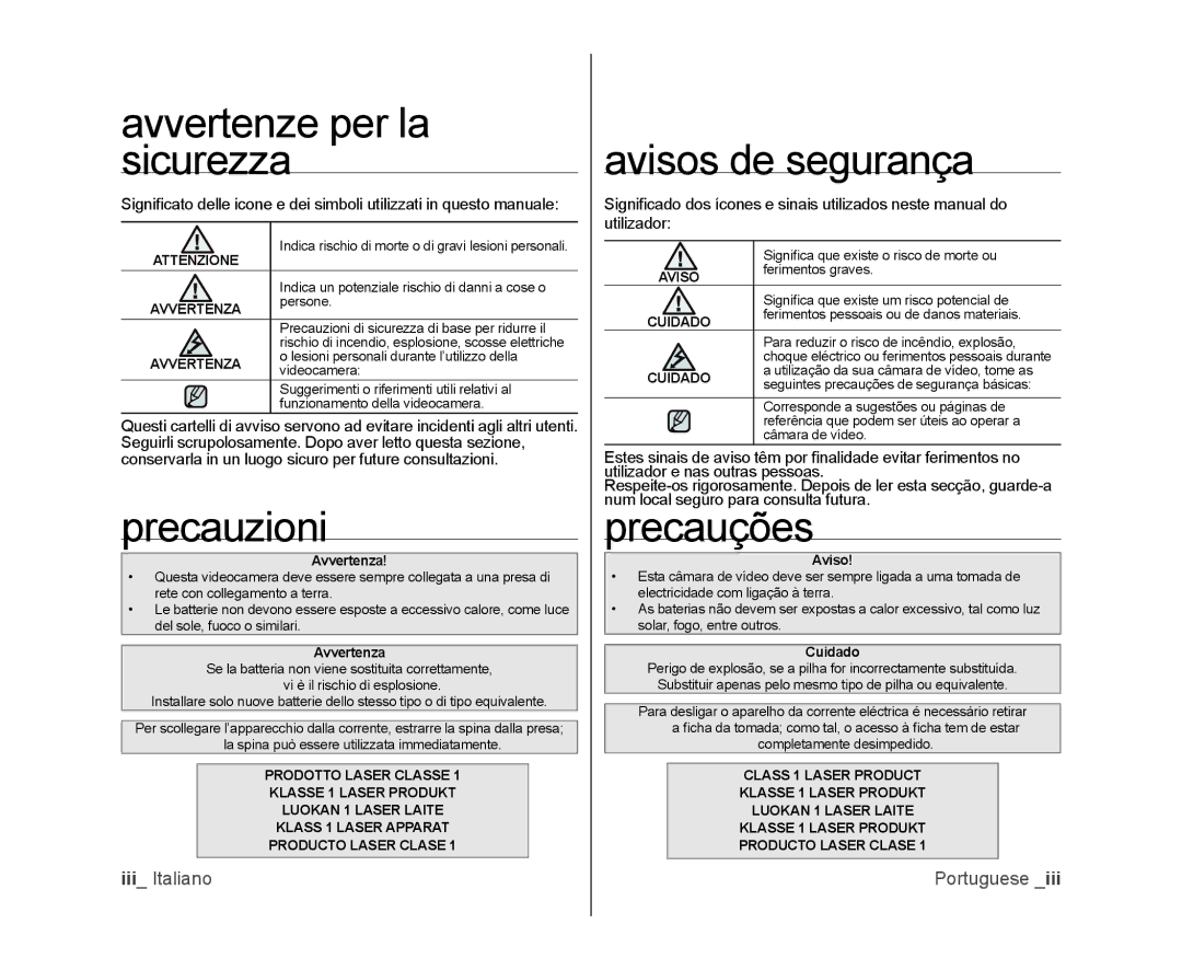 Samsung VP-DX100/XEO, VP-MX25E/EDC, VP-DX100/XEF Avvertenze per la sicurezza, Precauzioni, Avisos de segurança, Precauções 