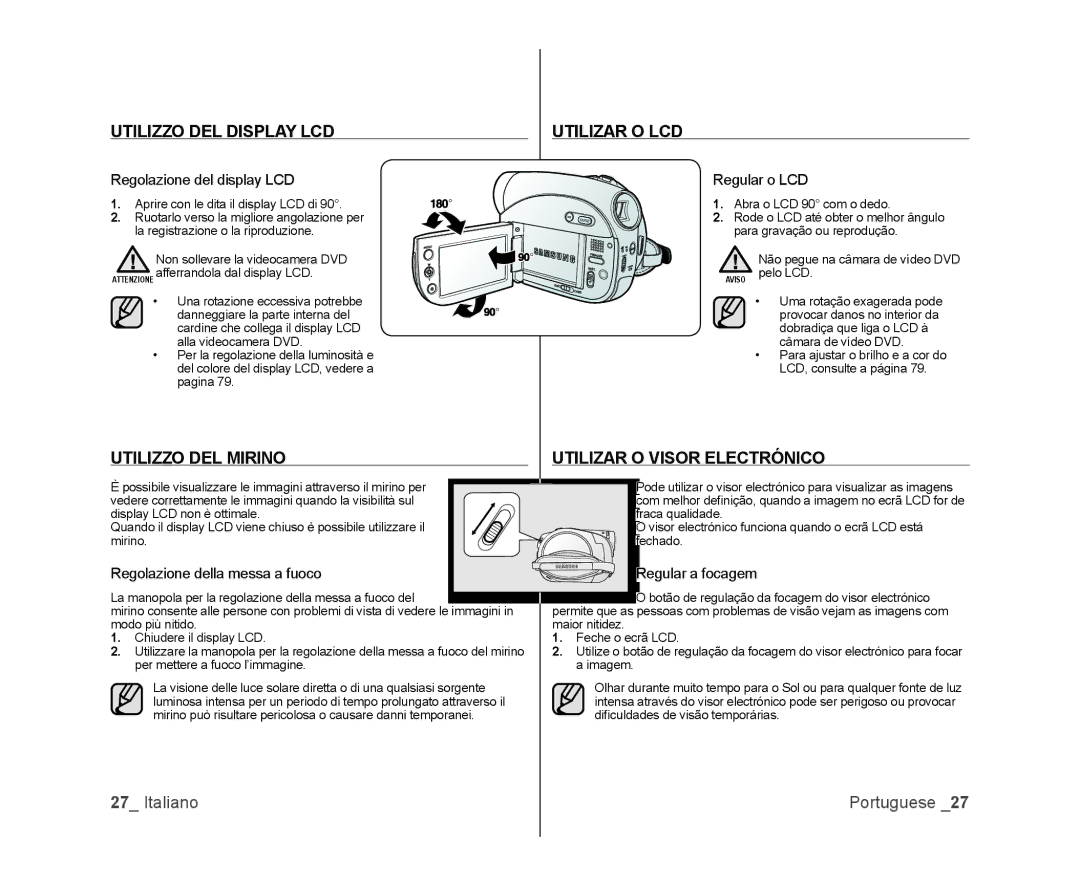 Samsung VP-DX100/XEO manual Utilizzo DEL Display LCD, Utilizar O LCD, Utilizzo DEL Mirino Utilizar O Visor Electrónico 