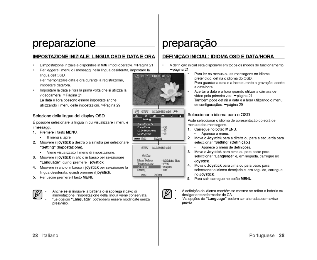 Samsung VP-DX105/ESS Preparazione Preparação, Definição Inicial Idioma OSD E DATA/HORA, Seleccionar o idioma para o OSD 